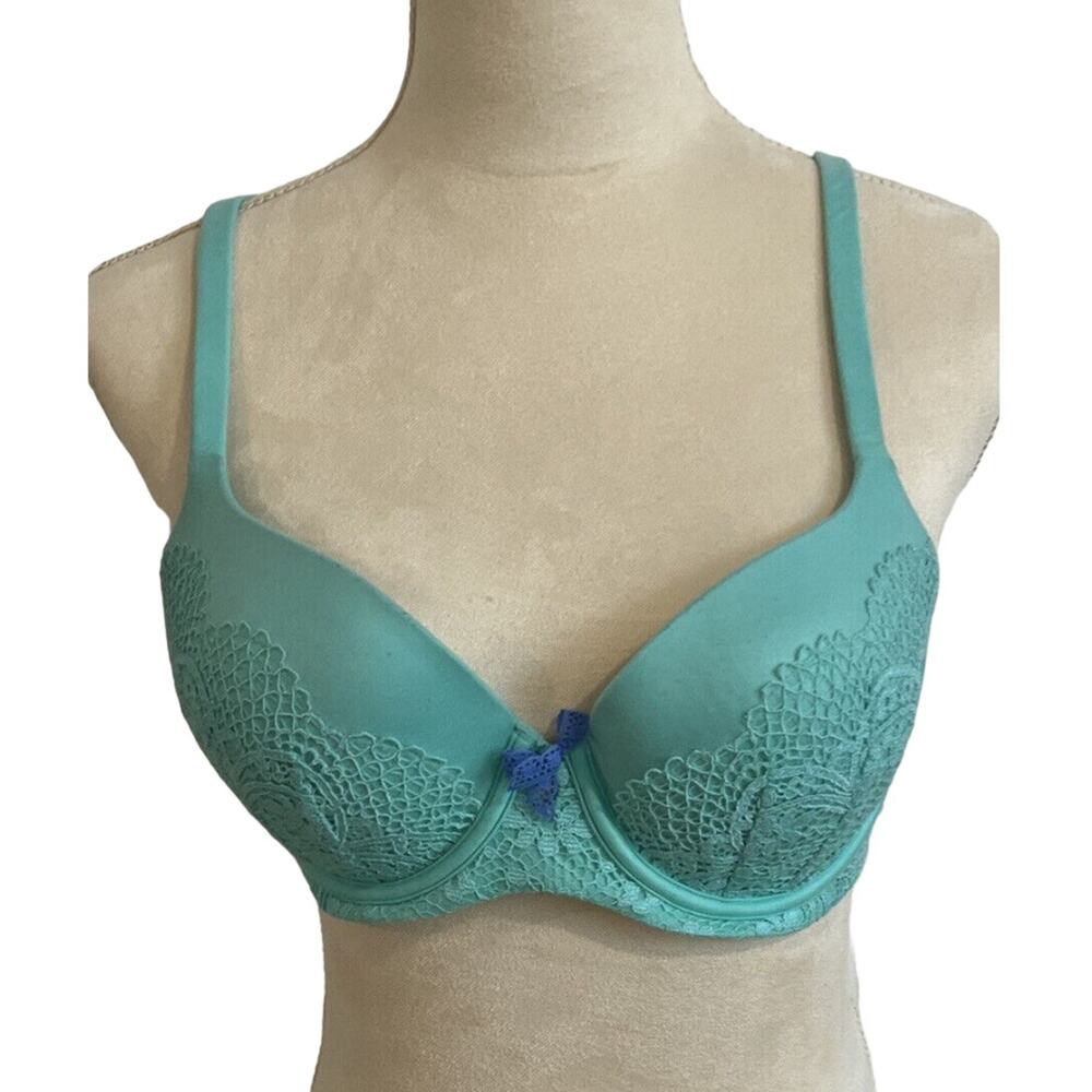 VICTORIA'S SECRET Body By Victoria‎ Lined Demi Aqua Blue Lace Overlay UW Sz 32DD